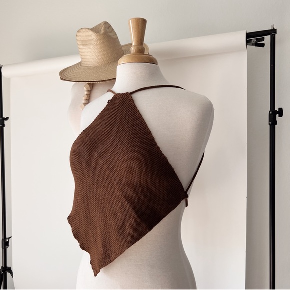 Tops - BROWN KNIT CROPPED HALTER TOP